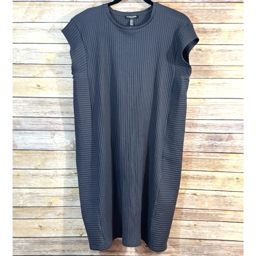 Eileen Fisher Womens Gray Ribbed Textured Casual Cap Sleeve Stretch Dress PM